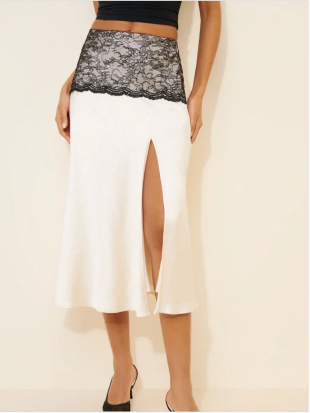 Anthropologie Cream Black Slip Midi Skirt with side slit size XS